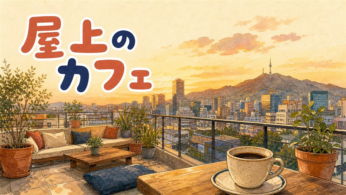 ソウルの屋上カフェから街の夕景を眺める情景