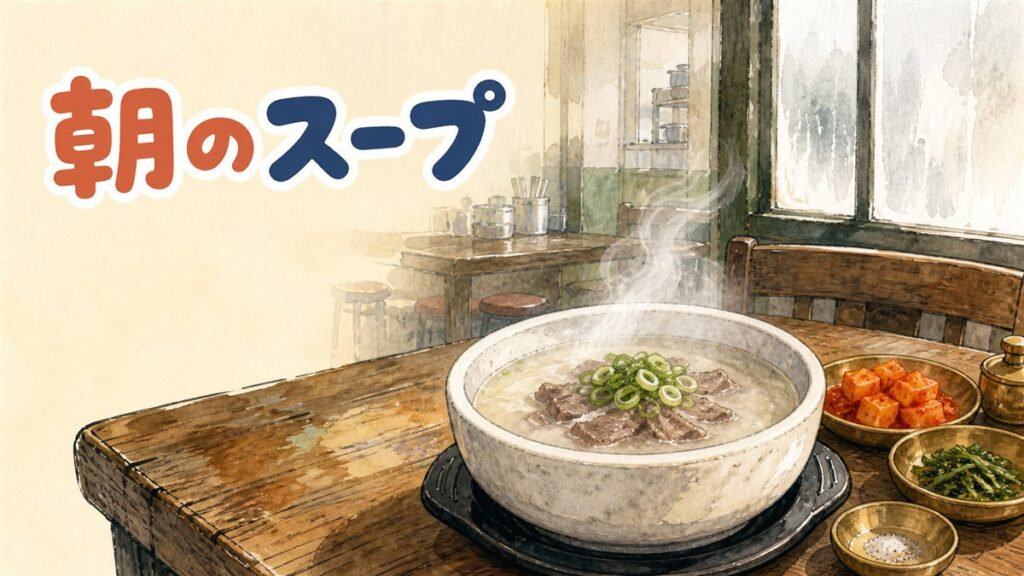 白く濁ったソルロンタンの器と、鍾路の老舗食堂の店先の情景