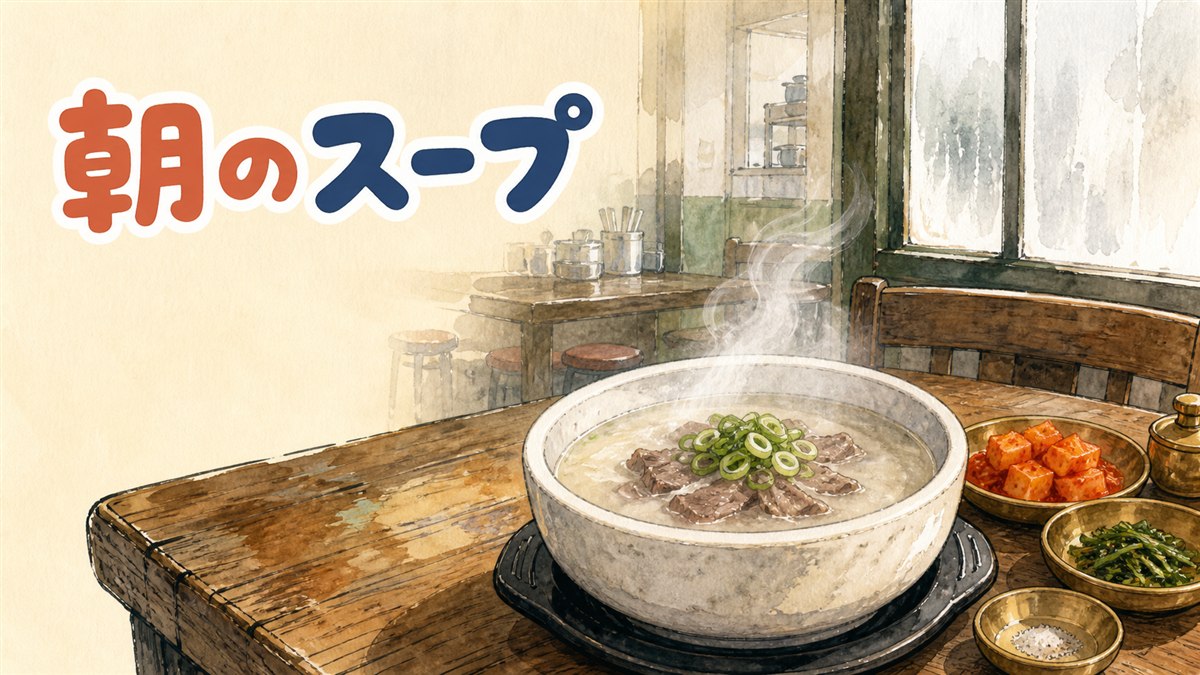 白く濁ったソルロンタンの器と、鍾路の老舗食堂の店先の情景