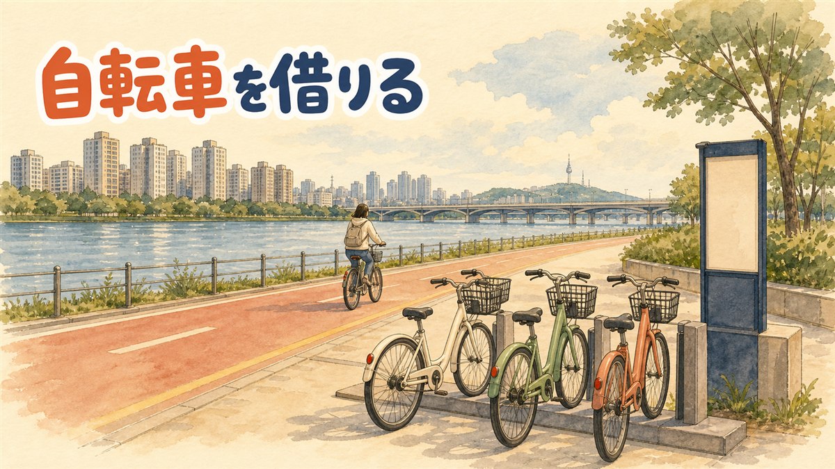 ソウルの川沿いのサイクリングロードに並ぶシェア自転車