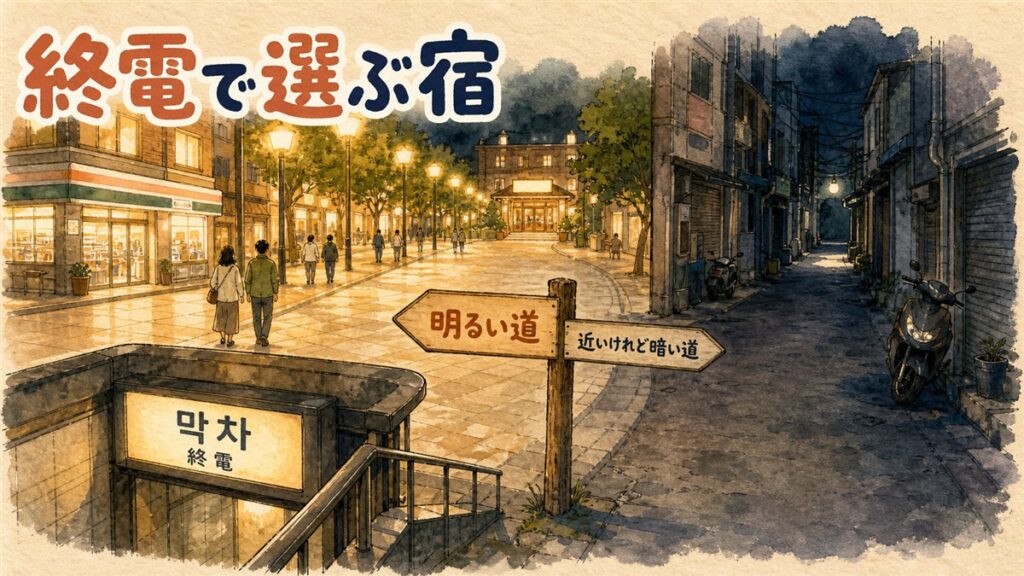 夜の地下鉄出口の前で帰り道が分かれ、明るい大通りと暗い近道が対比され、明るい道の先にホテルの灯りが見える様子