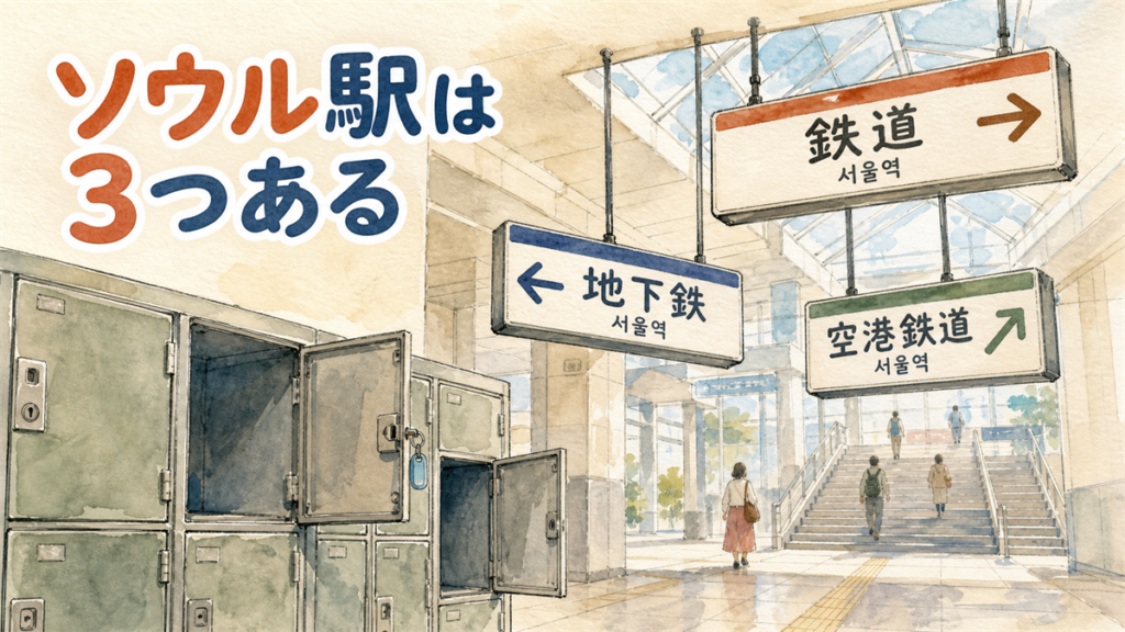 駅の通路に鉄道・地下鉄・空港鉄道の3種類のソウル駅のサインが並び、手前にコインロッカーがあるイラスト