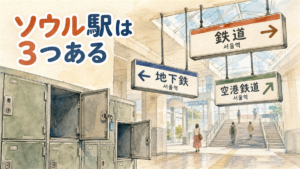 駅の通路に鉄道・地下鉄・空港鉄道の3種類のソウル駅のサインが並び、手前にコインロッカーがあるイラスト