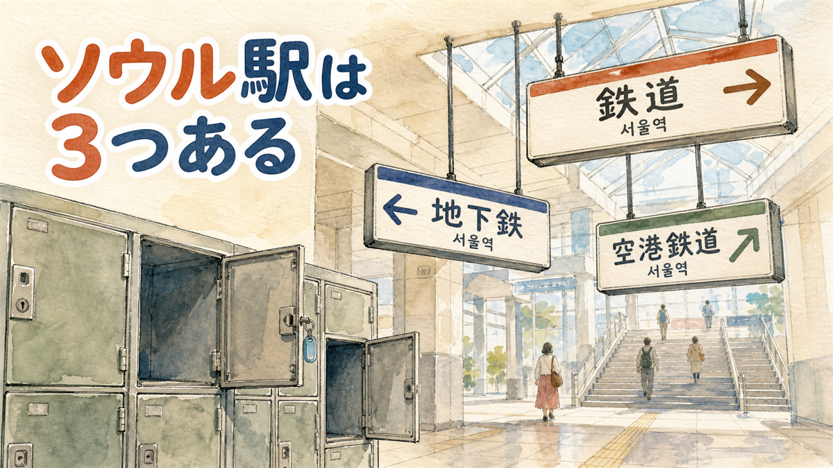 駅の通路に鉄道・地下鉄・空港鉄道の3種類のソウル駅のサインが並び、手前にコインロッカーがあるイラスト