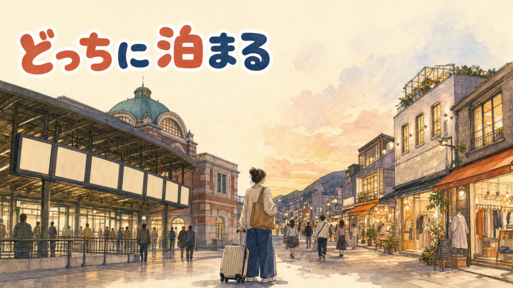 ソウル駅と明洞、それぞれの駅前に立つ旅行者を対比した情景