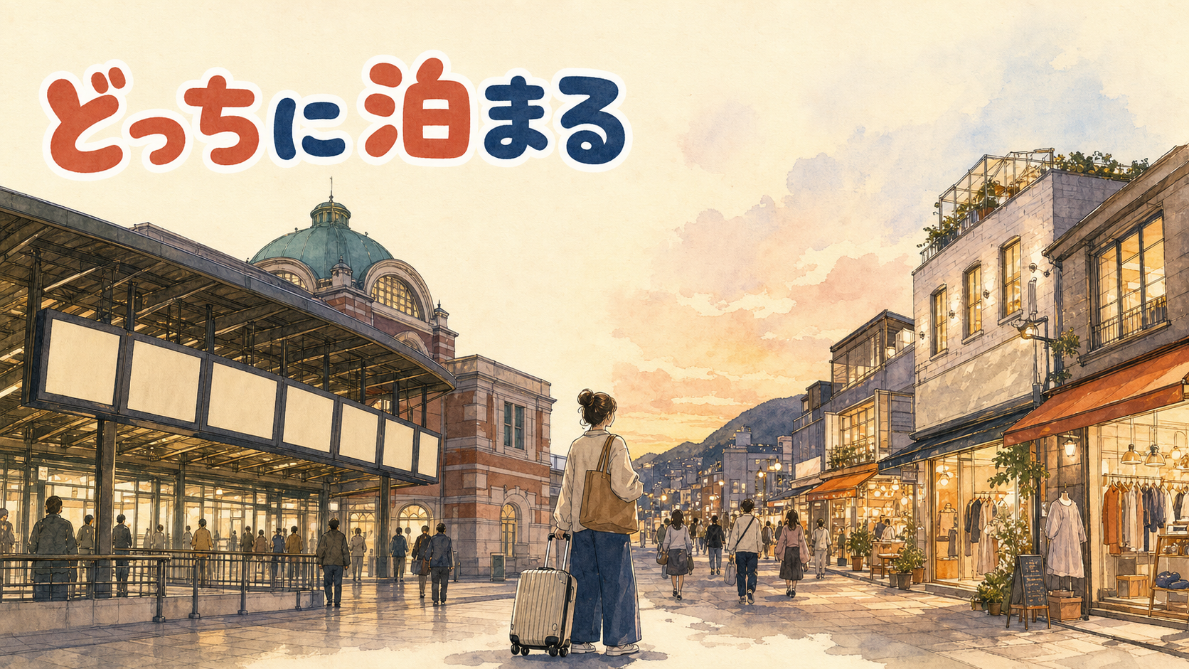 ソウル駅と明洞、それぞれの駅前に立つ旅行者を対比した情景
