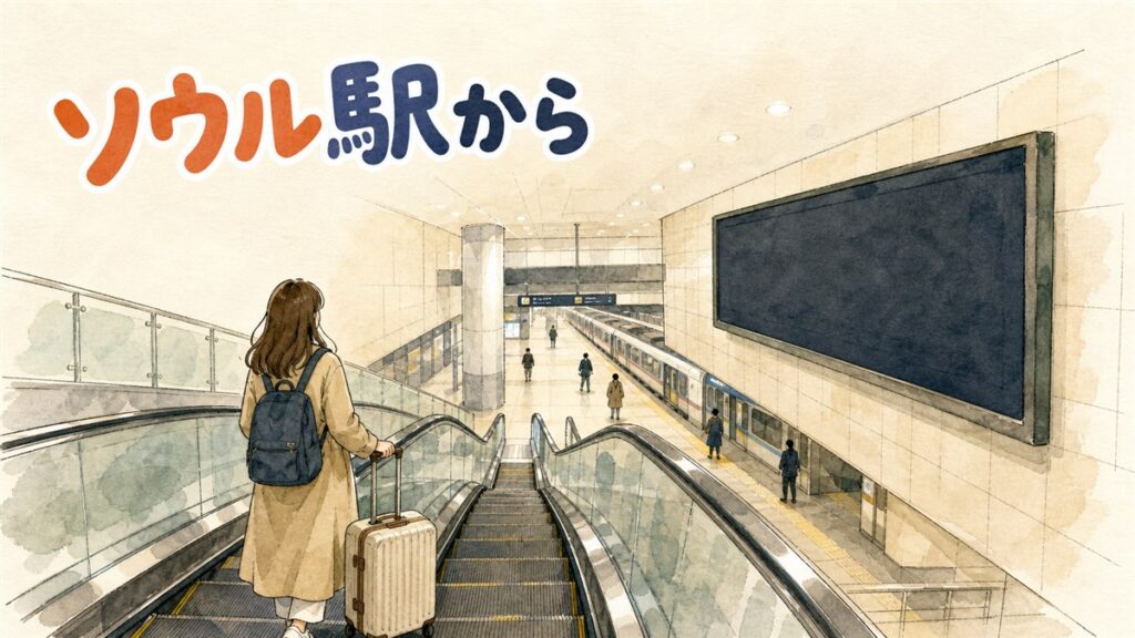 早朝のソウル駅ホームでスーツケースを持ち電光掲示板を見上げる旅行者
