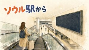 早朝のソウル駅ホームでスーツケースを持ち電光掲示板を見上げる旅行者