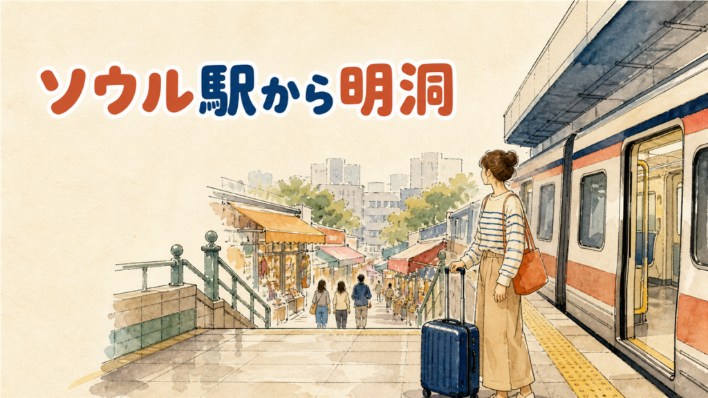 ソウル駅から明洞への行き方のイメージ。地下鉄のホームに電車が停まり、階段の先に商店街の日よけが見える水彩イラスト