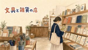 ソウルの文具雑貨店の店内で棚に並ぶノートやシール、ダイアリーを眺める情景