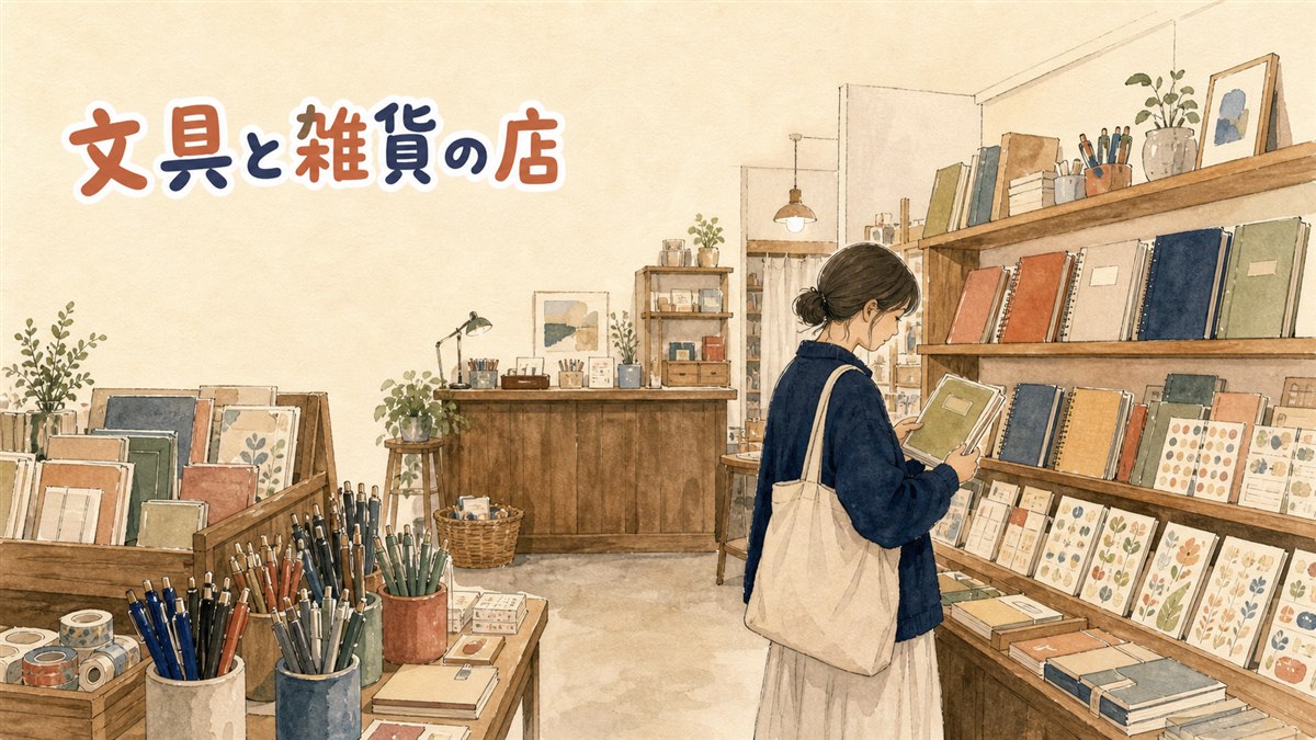 ソウルの文具雑貨店の店内で棚に並ぶノートやシール、ダイアリーを眺める情景