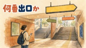 ソウルの地下鉄駅で出口の案内板を見上げて出口番号を確認する旅行者のイメージ