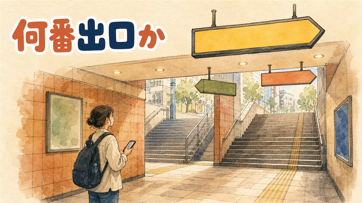 ソウルの地下鉄駅で出口の案内板を見上げて出口番号を確認する旅行者のイメージ