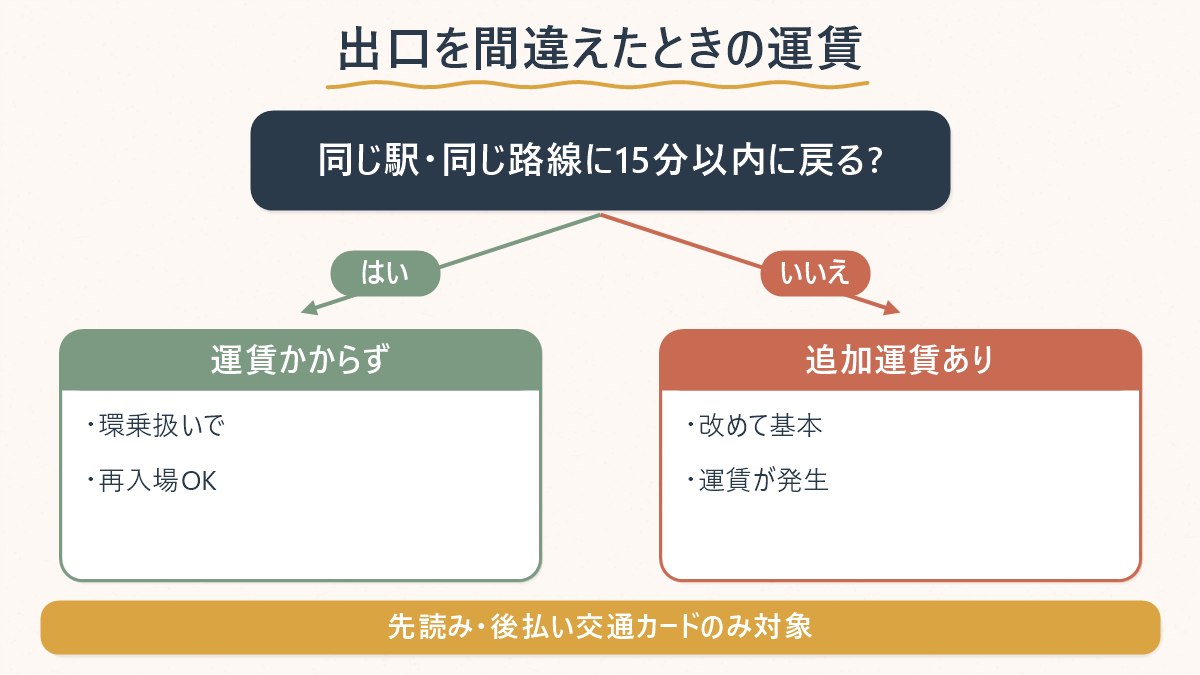 出口を間違えて改札を出たとき、同じ駅・同じ路線に15分以内に戻れば運賃がかからないという分岐の整理