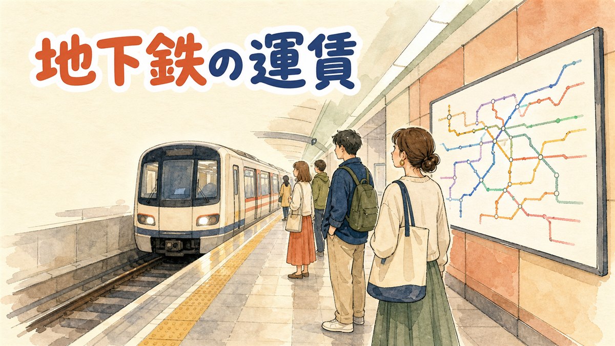 ソウルの地下鉄改札でスマホの交通カードアプリをタッチする女性旅行者のイラスト