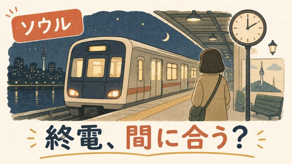 夜のソウルの地下鉄ホームで発車案内を見上げる旅行者のイラスト