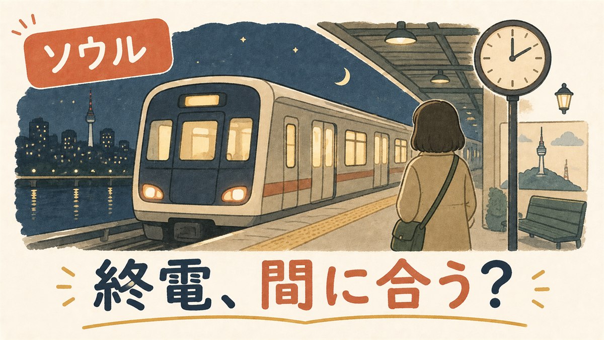 夜のソウルの地下鉄ホームで発車案内を見上げる旅行者のイラスト