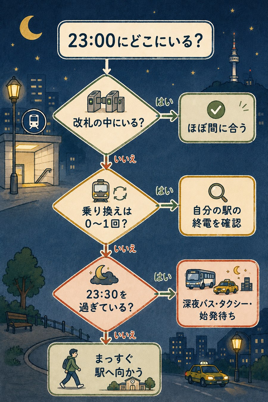 23時の居場所から終電に間に合うかを判定するフローチャートの図解