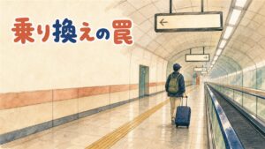 ソウル地下鉄の長いエスカレーターと動く歩道が続く乗換通路を、キャリーケースを引く旅行者が歩いている情景