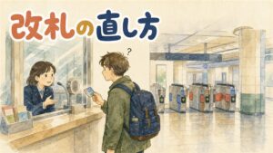 ソウル地下鉄の改札前でカードをかざしながら少し困った表情を浮かべる利用者