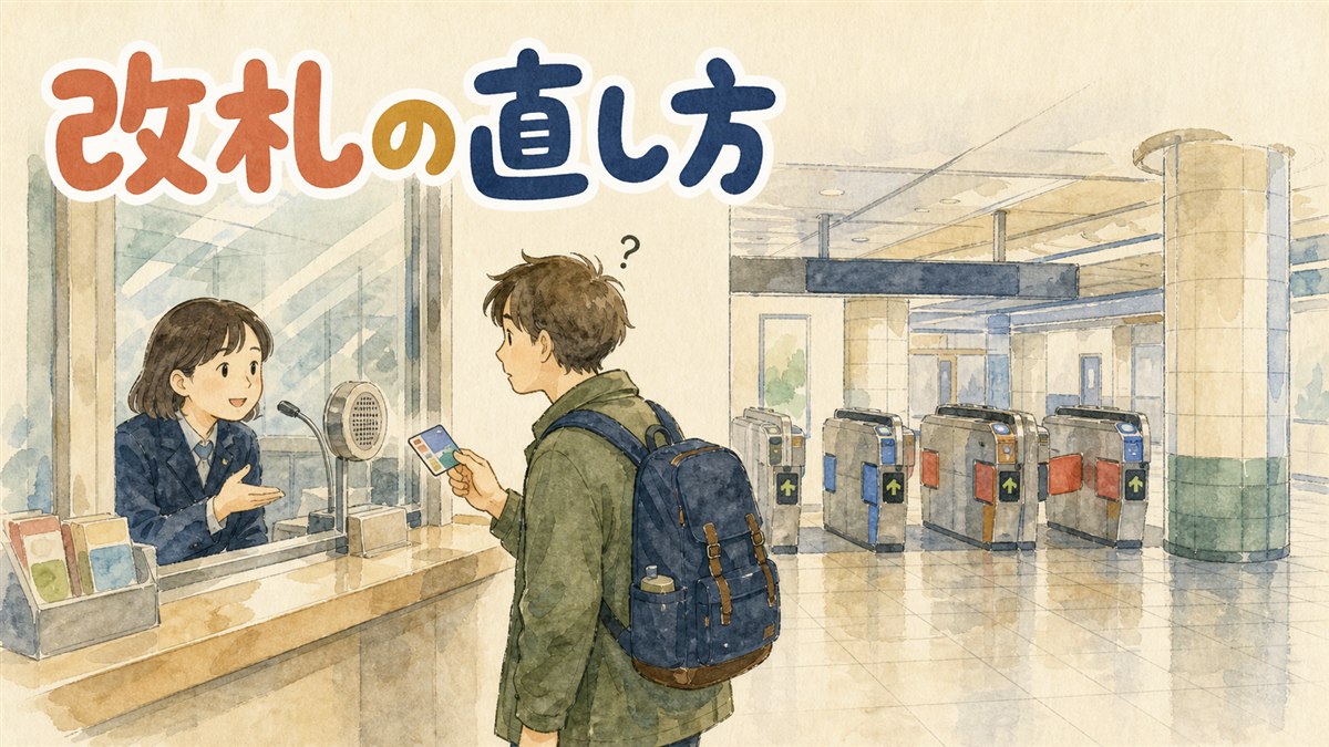 ソウル地下鉄の改札前でカードをかざしながら少し困った表情を浮かべる利用者