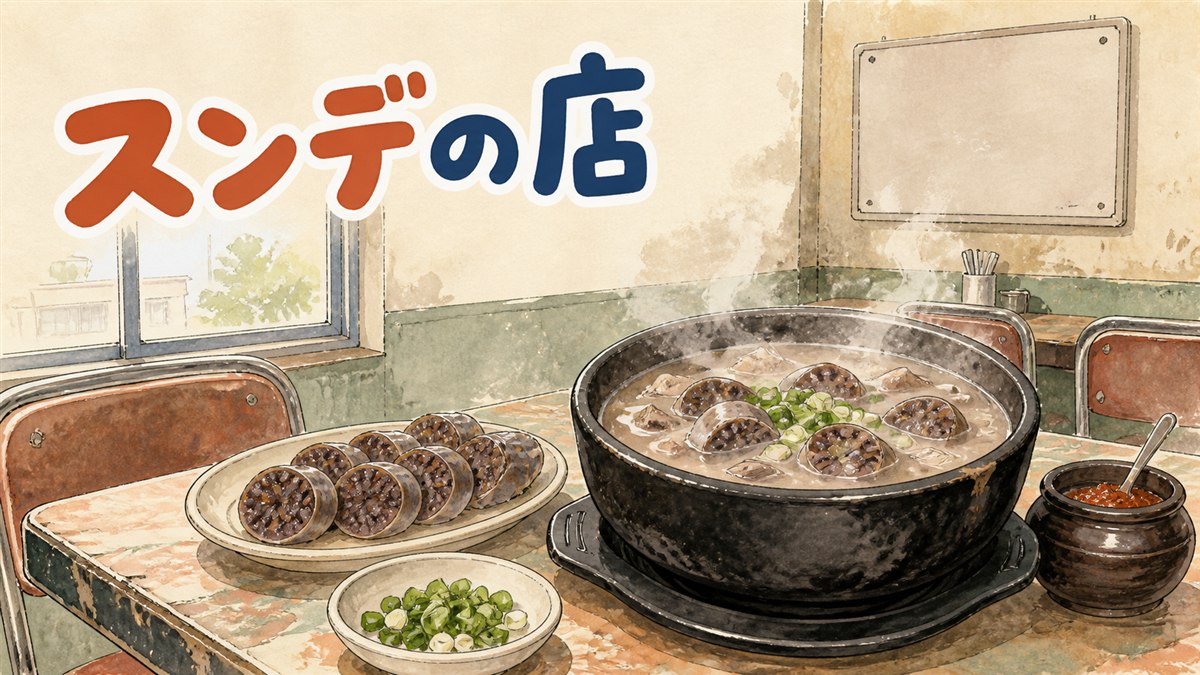 ソウルの食堂でスンデクッパの土鍋を前に注文の言葉を確認している旅行者の情景