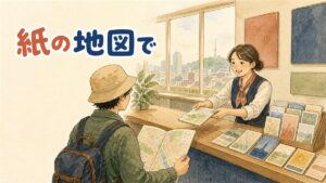 ソウルの観光案内所で日本語の地図を受け取る旅行者の様子