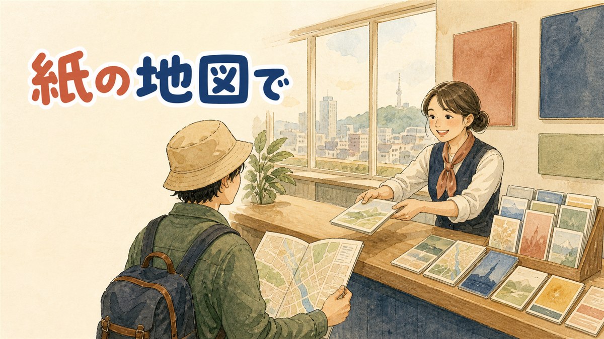 ソウルの観光案内所で日本語の地図を受け取る旅行者の様子