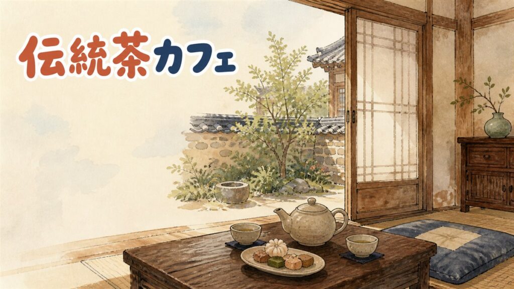 ソウルの伝統茶院で座敷に座り伝統茶を飲む様子