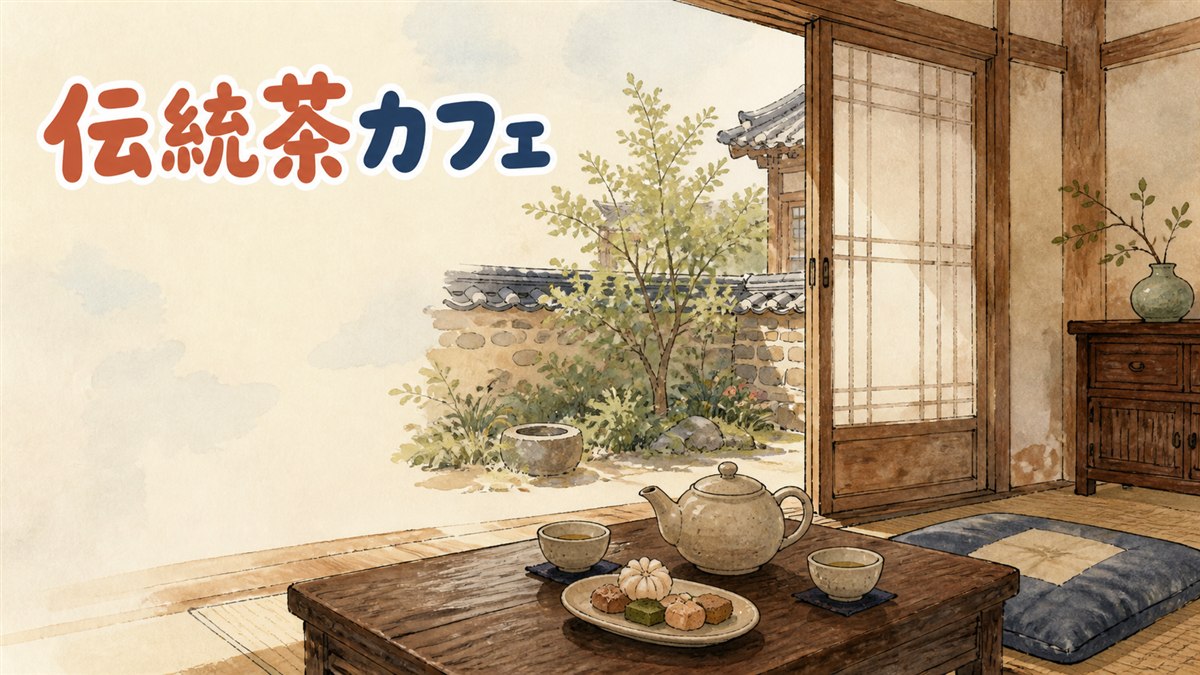 ソウルの伝統茶院で座敷に座り伝統茶を飲む様子
