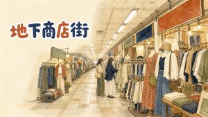 ソウルの地下商店街で服や雑貨をハンガーから選ぶ買い物客の情景