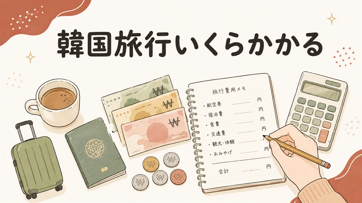 韓国旅行の費用を書き出すイメージ。旅行費用メモのノートと電卓、ウォンの紙幣とコイン、パスポート、スーツケース