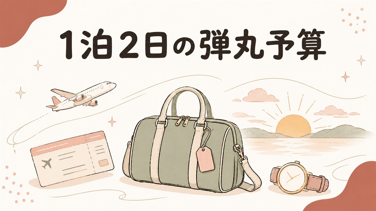 韓国1泊2日の弾丸旅行の予算イメージ。ボストンバッグ、航空券、腕時計、朝焼け