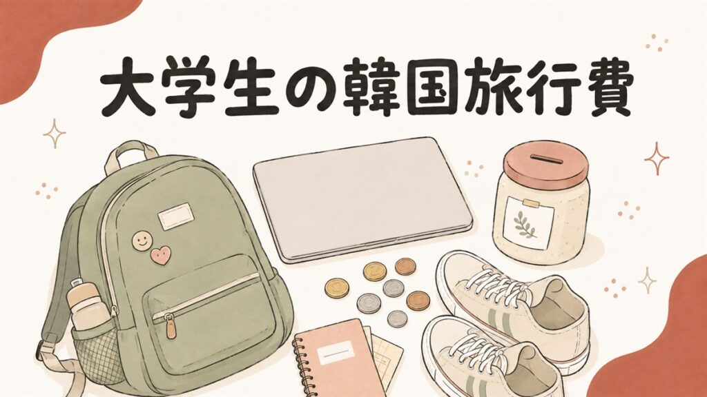 大学生の韓国旅行費用のイメージ。リュック、ノートパソコン、貯金箱、コイン、スニーカー