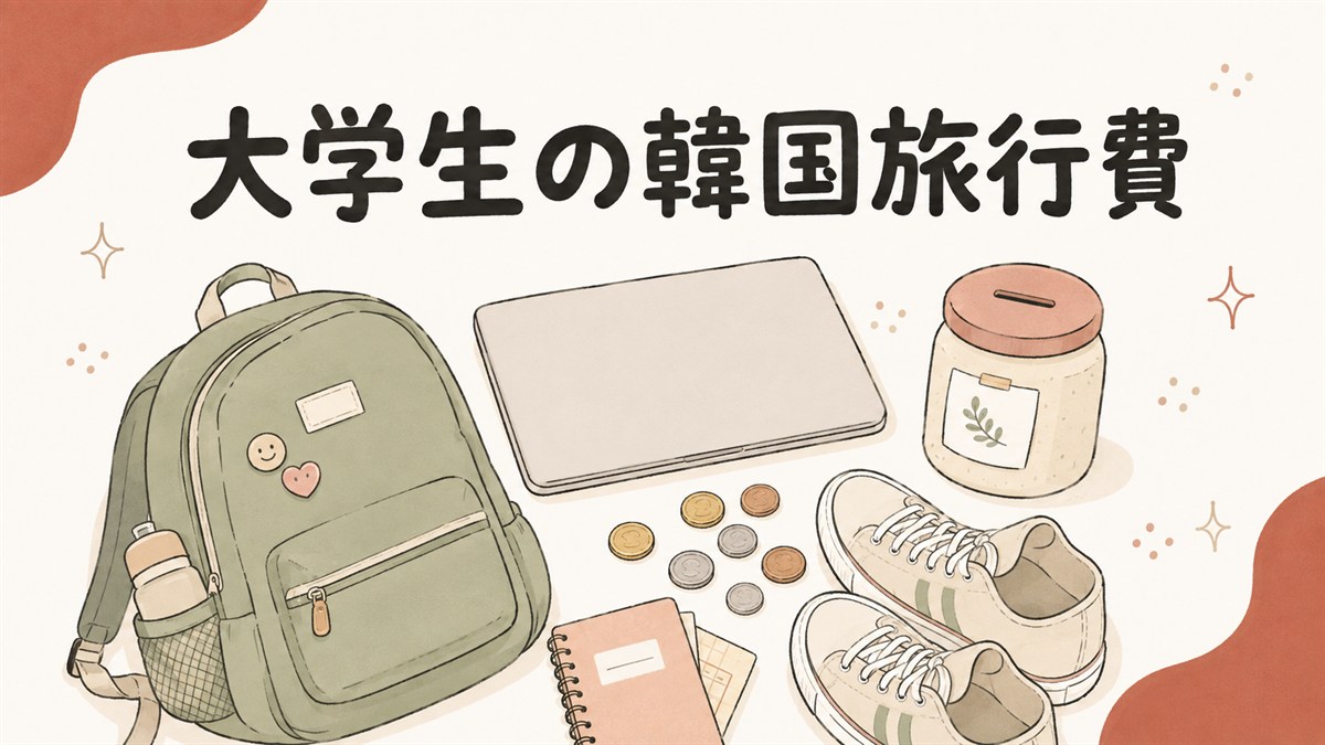大学生の韓国旅行費用のイメージ。リュック、ノートパソコン、貯金箱、コイン、スニーカー