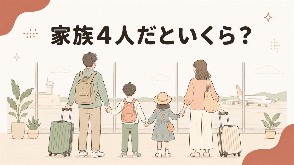 家族4人での韓国旅行のイメージ。空港で手をつなぐ大人2人と子ども2人の後ろ姿