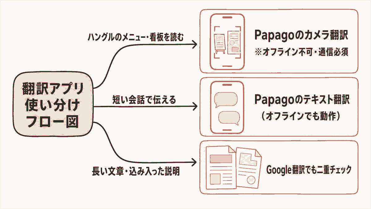 翻訳アプリ使い分けフロー図。「ハングルのメニュー・看板を読む」→Papagoのカメラ翻訳(※オフライン不可・通信必須)/「短い会話で伝える」→Papagoのテキスト翻訳(オフラインでも動作)/「長い文章・込み入った説明」→Google翻訳でも二重チェ