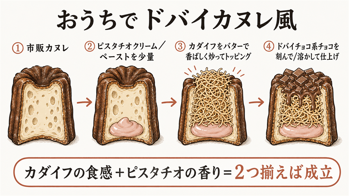 「おうちでドバイカヌレ風」の4ステップ図解。①市販カヌレ ②ピスタチオクリーム/ペーストを少量 ③カダイフをバターで香ばしく炒ってトッピング ④ドバイチョコ系チョコを刻んで/溶かして仕上げ、の順に断面イラスト風で並べ、「カダイフの食感+ピスタチオの香