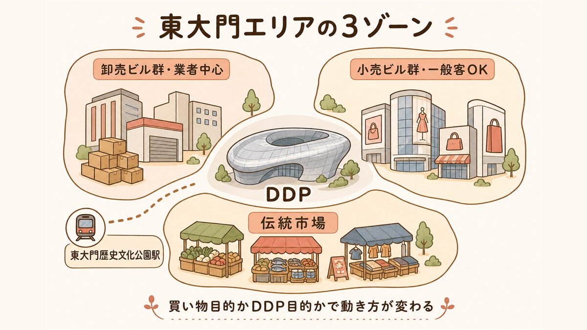 東大門エリアを俯瞰した構造図。中央にDDP、周囲に小売ビル群(一般客OK)・卸売ビル群(業者中心)・伝統市場の3ゾーンを配置し、東大門歴史文化公園駅の位置を示している。