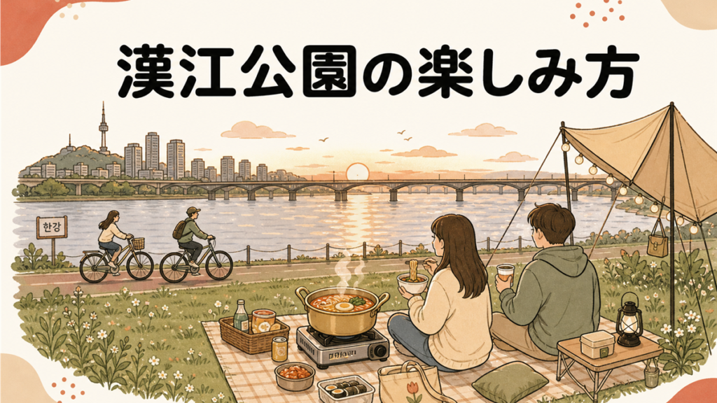 漢江公園の楽しみ方。川辺でラーメン鍋を囲むピクニックと自転車、夕暮れの漢江と橋の手描き風イラスト