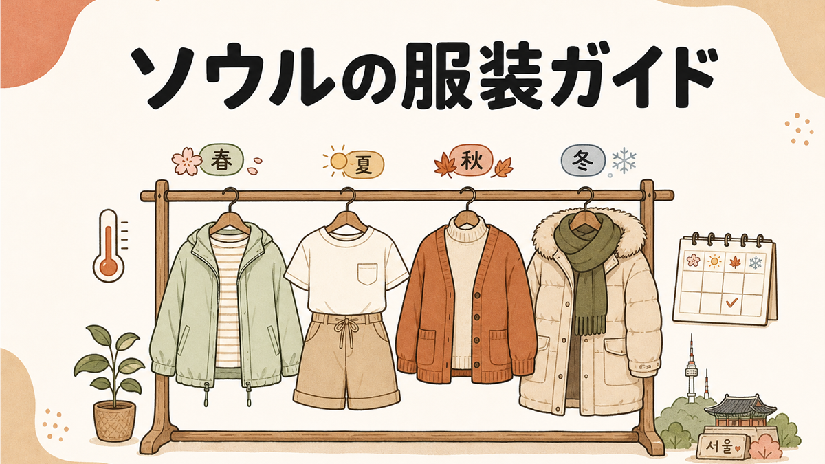 ソウルの服装ガイド。春夏秋冬の服がハンガーラックに並び、温度計とカレンダーを添えた手描き風イラスト
