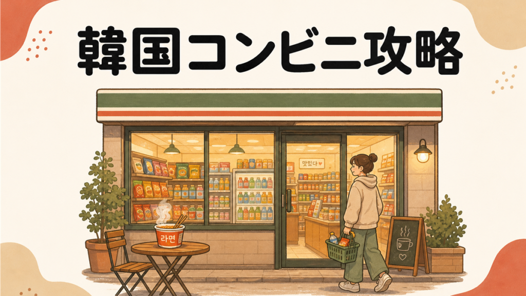 韓国コンビニ攻略。夜のコンビニ店頭とイートインのカップラーメン、買い物客の手描き風イラスト