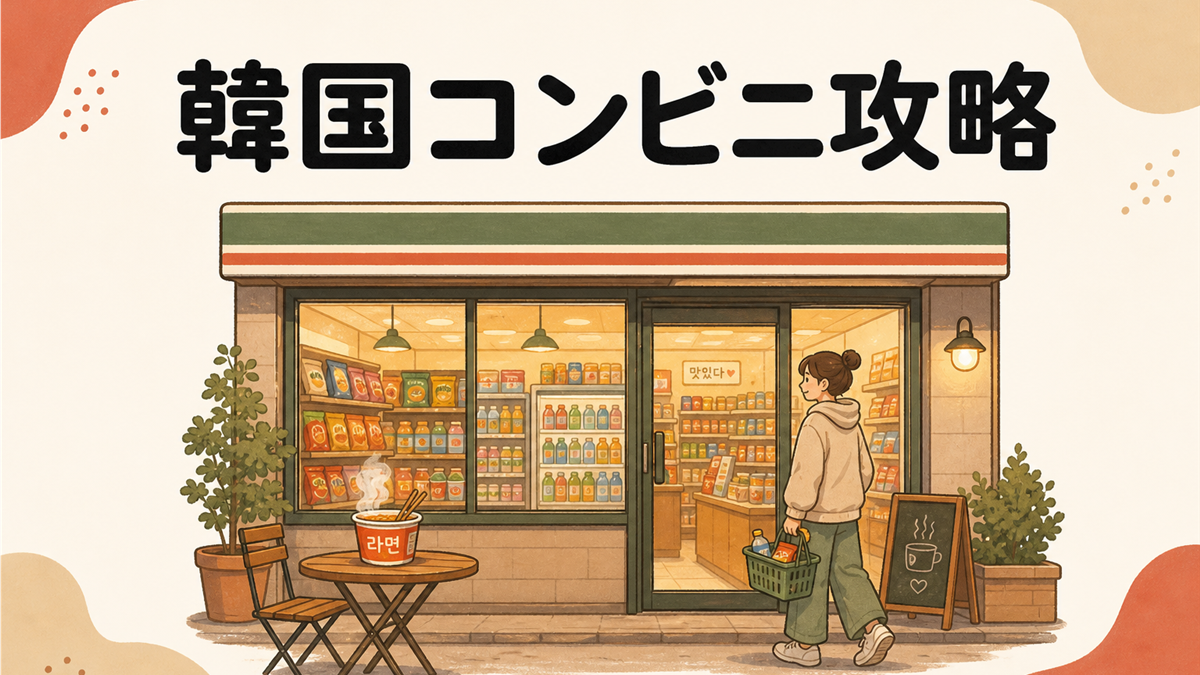 韓国コンビニ攻略。夜のコンビニ店頭とイートインのカップラーメン、買い物客の手描き風イラスト