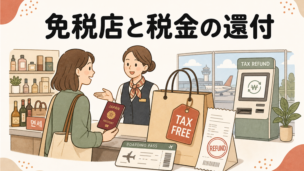 免税店と税金の還付。免税店カウンターでパスポートを示す旅行者、TAX FREEタグ付きの紙袋と空港の還付キオスクの手描き風イラスト
