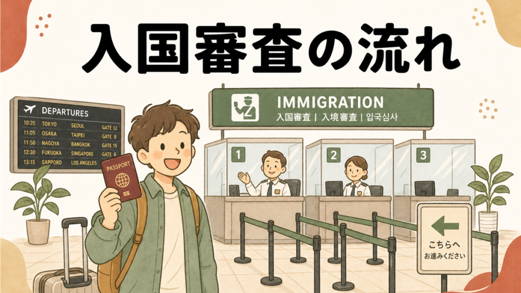 入国審査の流れの手描き風イラストアイキャッチ