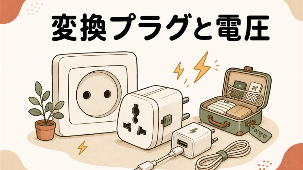変換プラグと電圧。SEタイプの丸穴コンセントと変換プラグ、USB充電器、旅行スーツケースの手描き風イラスト