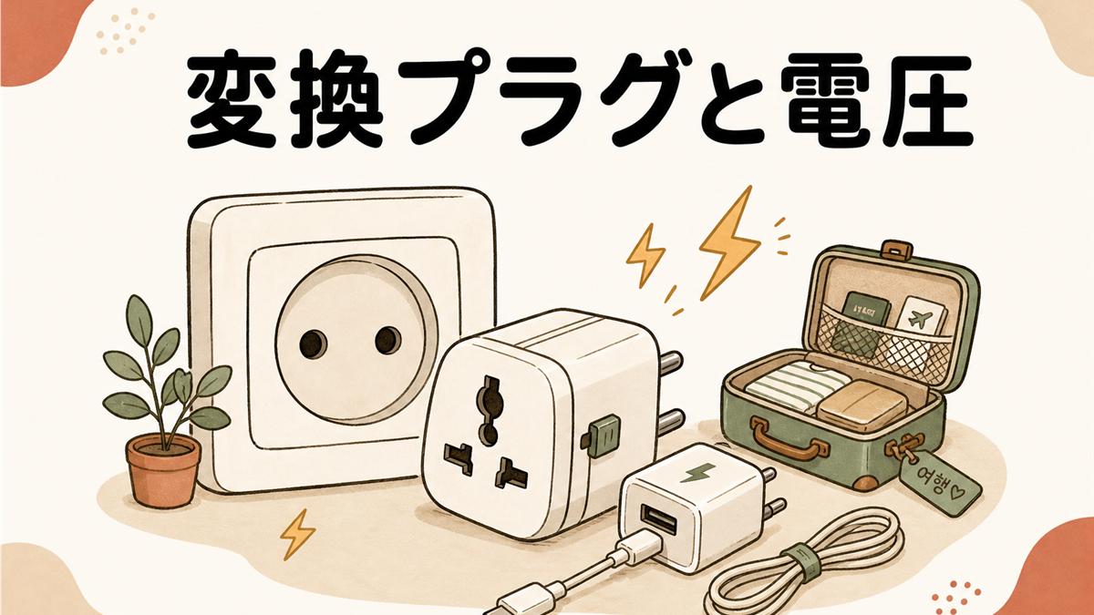 変換プラグと電圧。SEタイプの丸穴コンセントと変換プラグ、USB充電器、旅行スーツケースの手描き風イラスト