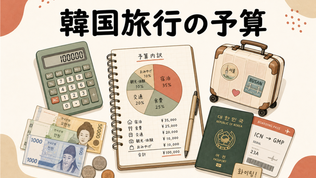 韓国旅行の予算。ノートの円グラフと電卓、紙幣とコイン、パスポートと航空券を並べた手描き風イラスト