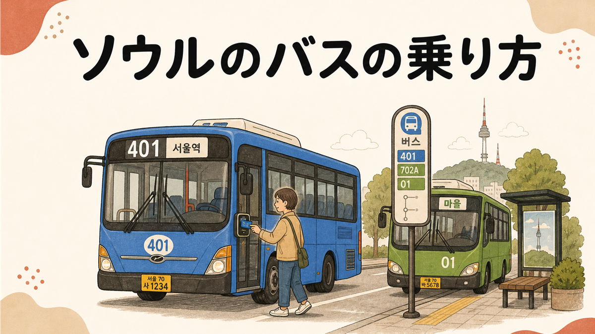 ソウルのバスの乗り方の手描き風イラストアイキャッチ