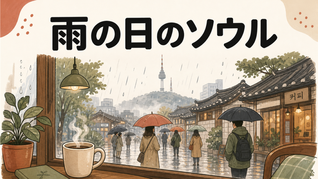 雨の日のソウルの手描き風イラストアイキャッチ